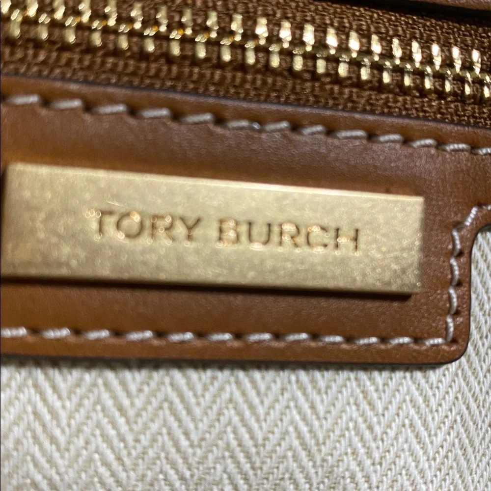 Tory Burch Brown Leather Trim Floral Tote with Yellow, White & Black Accents
